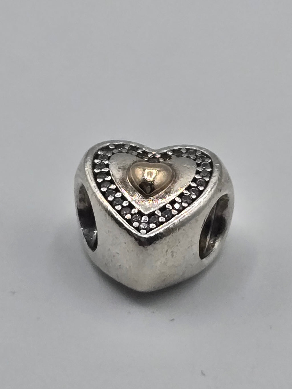 Preloved Pandora Two Tone Sparkling Heart Charm, S925 ALE sterling silver and 14K gold