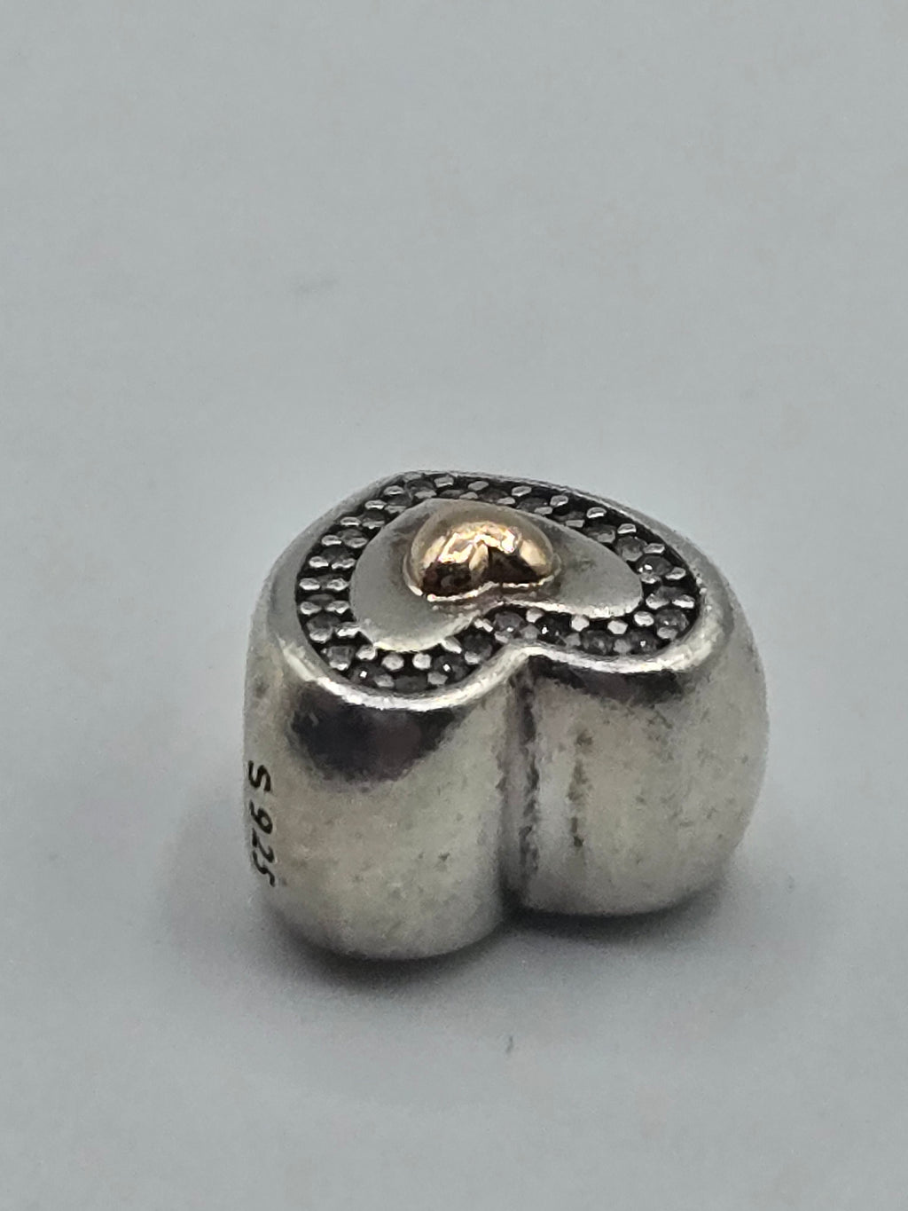 Preloved Pandora Two Tone Sparkling Heart Charm, S925 ALE sterling silver and 14K gold, side view