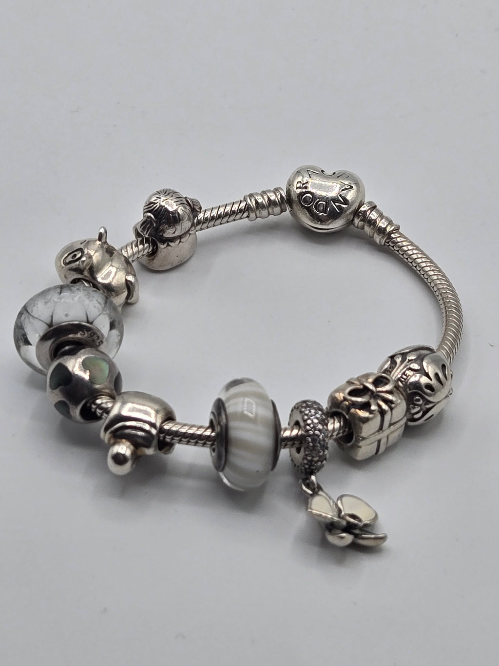 Preloved Pandora Heart Clasp Bracelet with 9 Charms 17cm, S925 ALE sterling silver