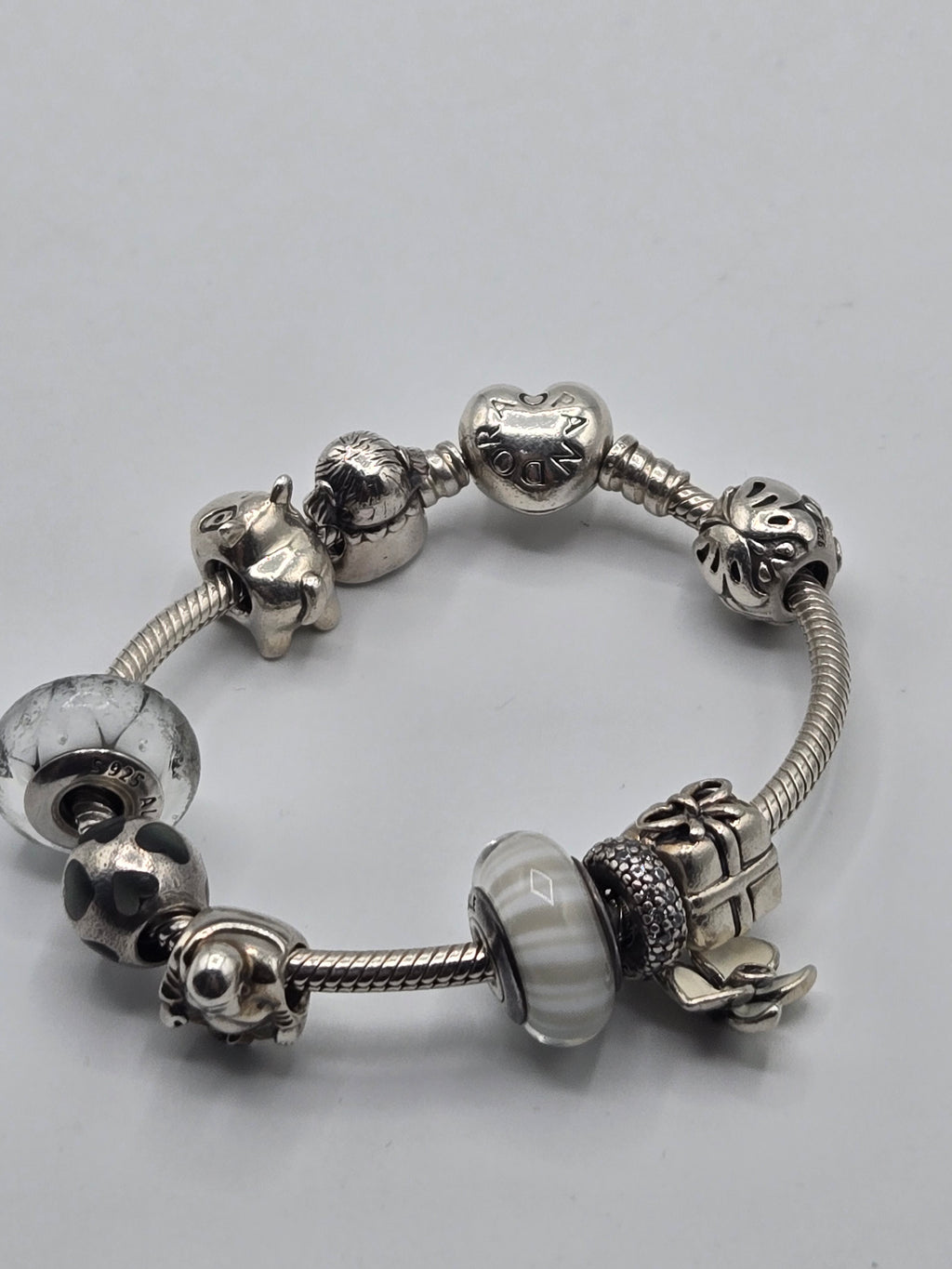 Preloved Pandora Heart Clasp Bracelet with 9 Charms 17cm, S925 ALE sterling silver, side view