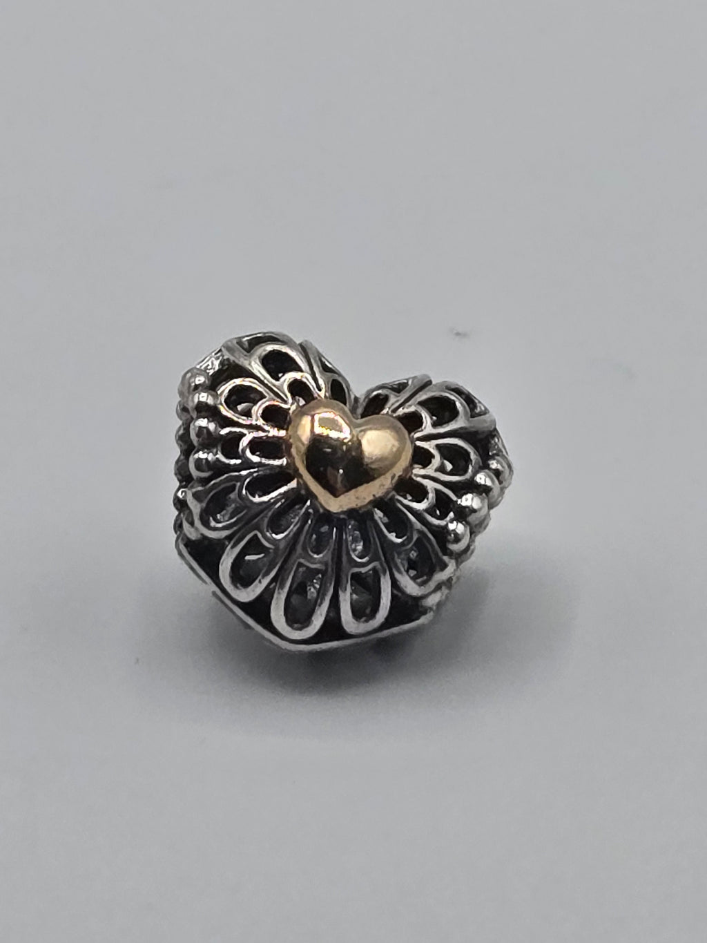 Preloved Pandora Two Tone Filigree Heart Charm, S925 ALE sterling silver and 14K gold