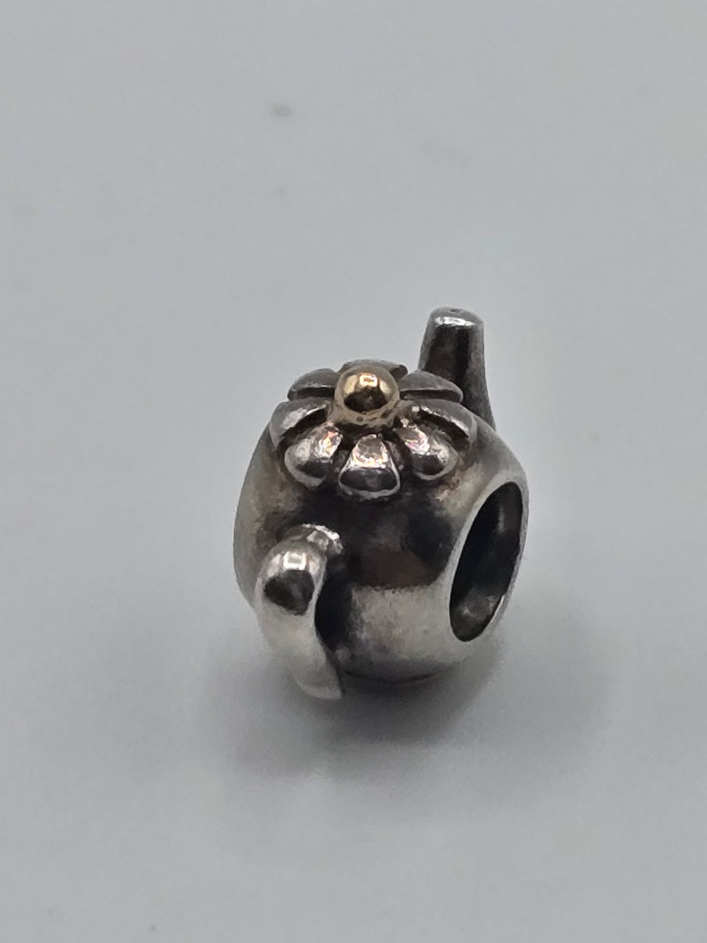 Preloved Pandora Two Tone Teapot Charm, S925 ALE sterling silver and 14K gold, side view