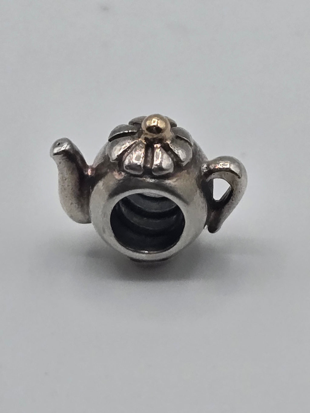 Preloved Pandora Two Tone Teapot Charm, S925 ALE sterling silver and 14K gold, close up