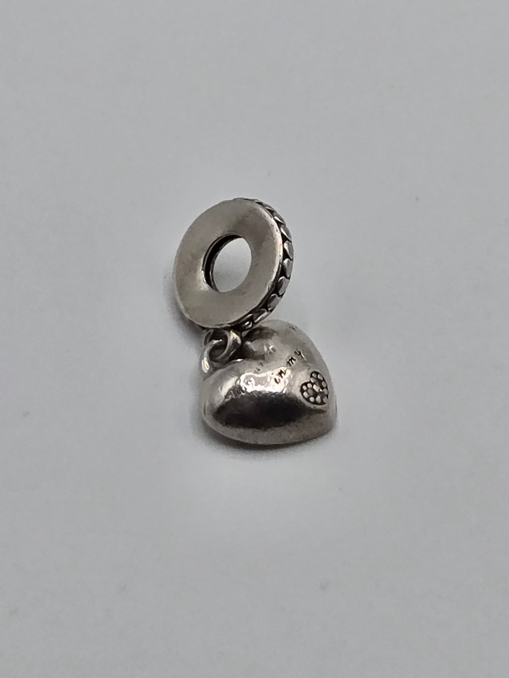 Preloved Pandora Daughter Pink Heart Dangle Charm, S925 ALE sterling silver with enamel, side view