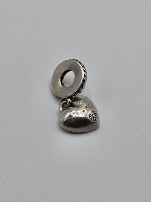 Preloved Pandora Daughter Pink Heart Dangle Charm, S925 ALE sterling silver with enamel, side view