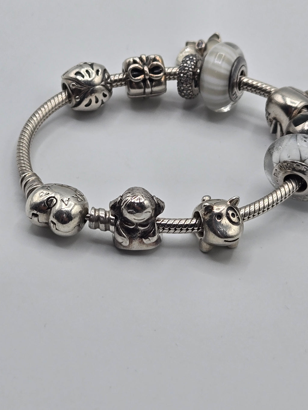 Preloved Pandora Heart Clasp Bracelet with 9 Charms 17cm, S925 ALE sterling silver, underside view