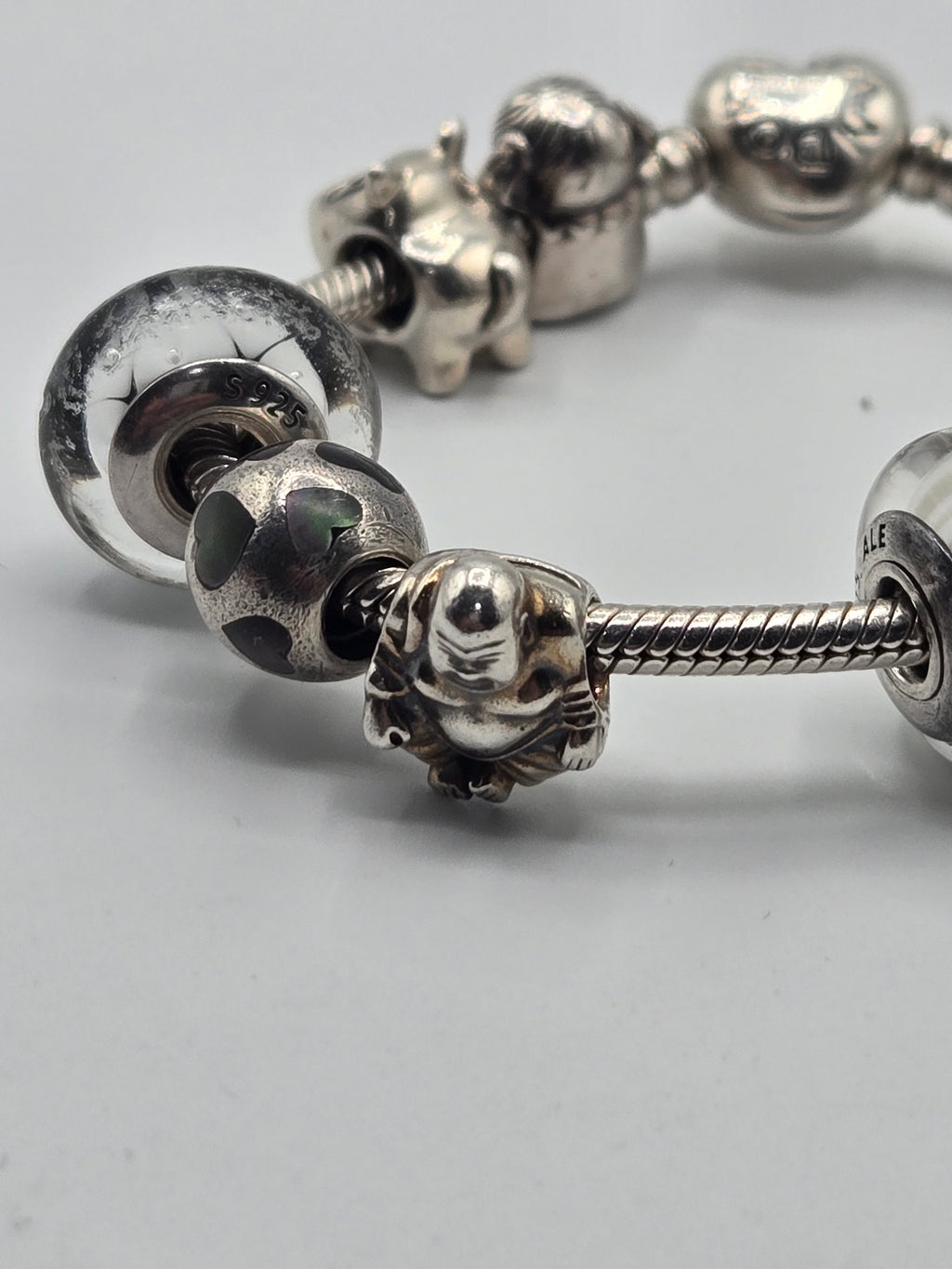 Preloved Pandora Heart Clasp Bracelet with 9 Charms 17cm, S925 ALE sterling silver, detail view